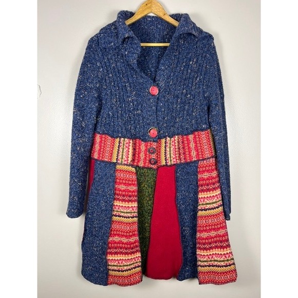 Handmade Sweaters - Handmade Upcycled Wool Patchwork Fair Isle Longline Cardigan Jacket Blue Red